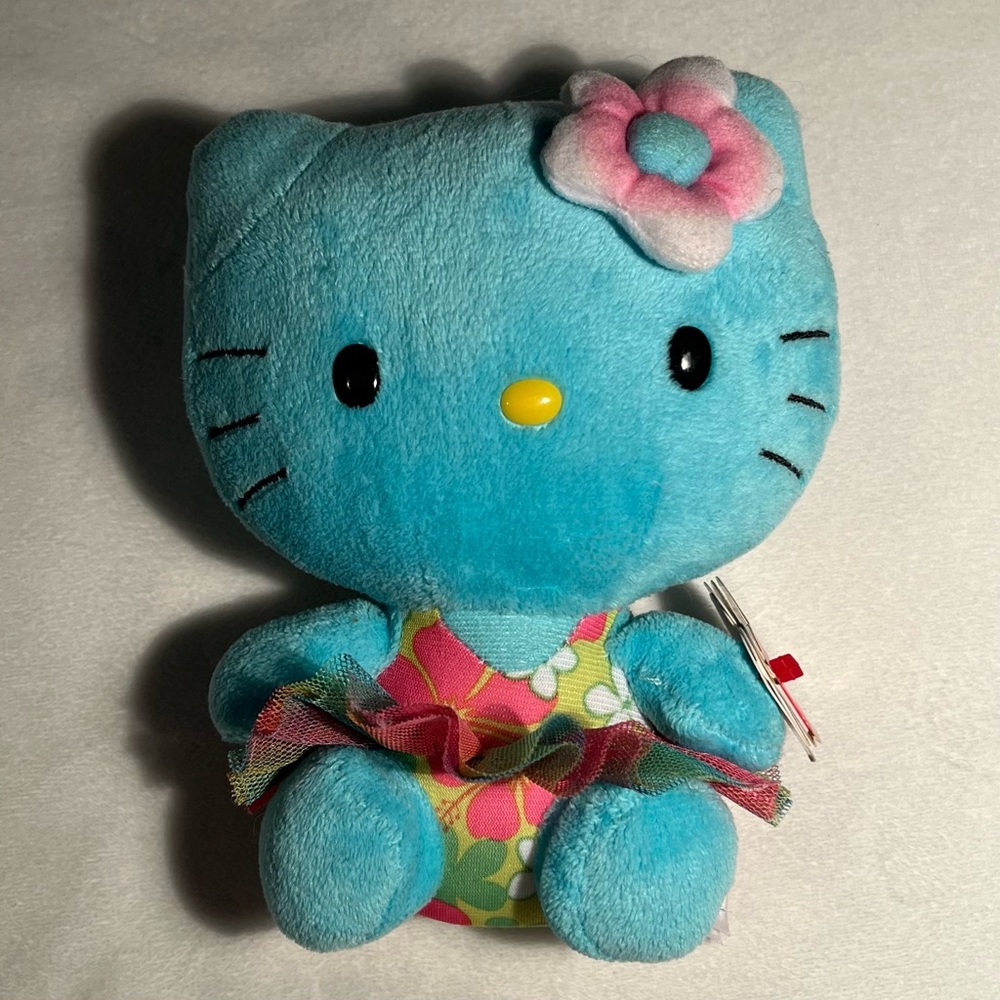 VTG Sanrio Hello Kitty Ty Beanie Baby Blue TROPICAL Beach 6” Inch Plush 2014